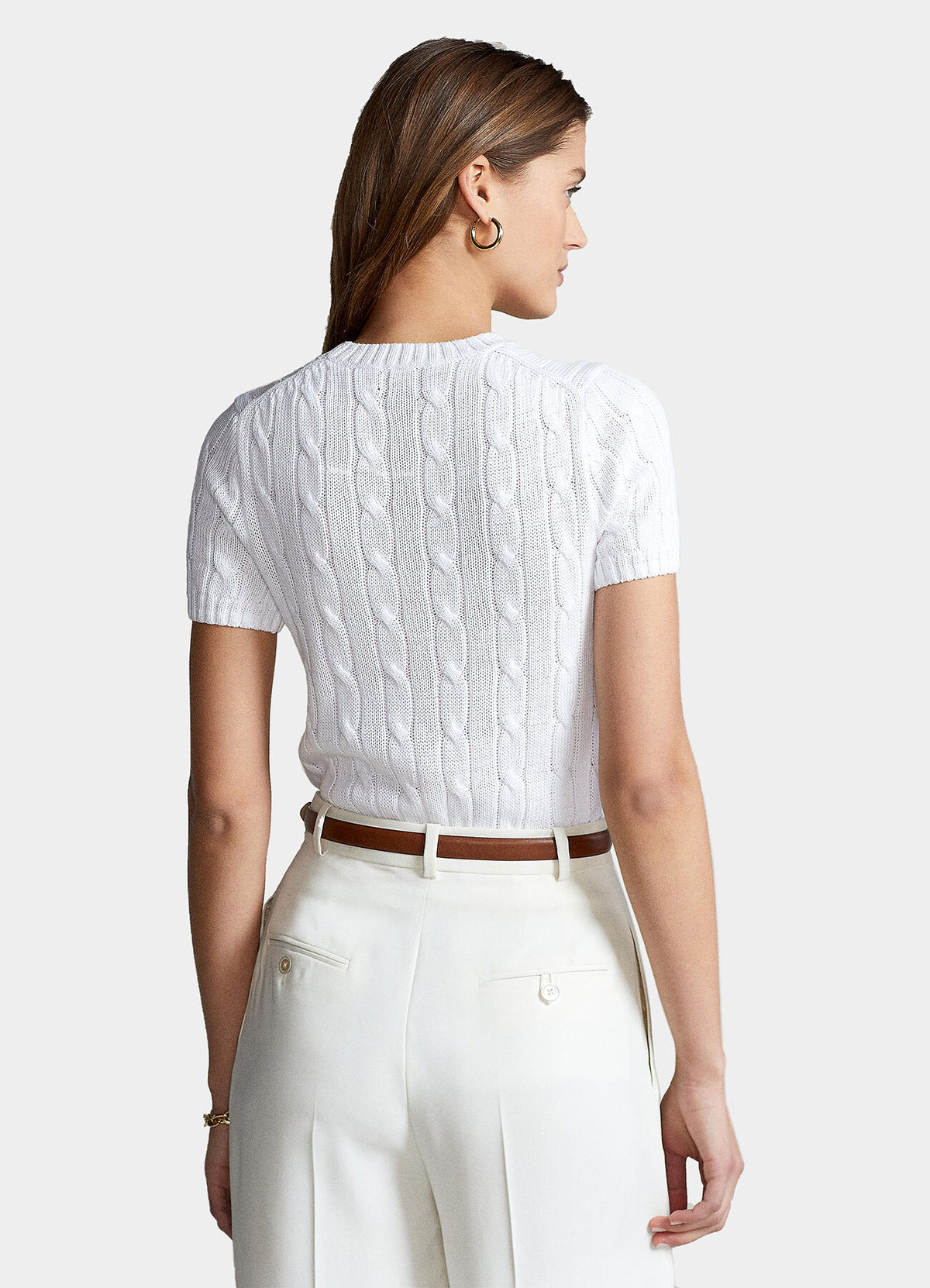 Ralph Lauren Women Cable-Knit Cotton Short-Sleeve Sweater White