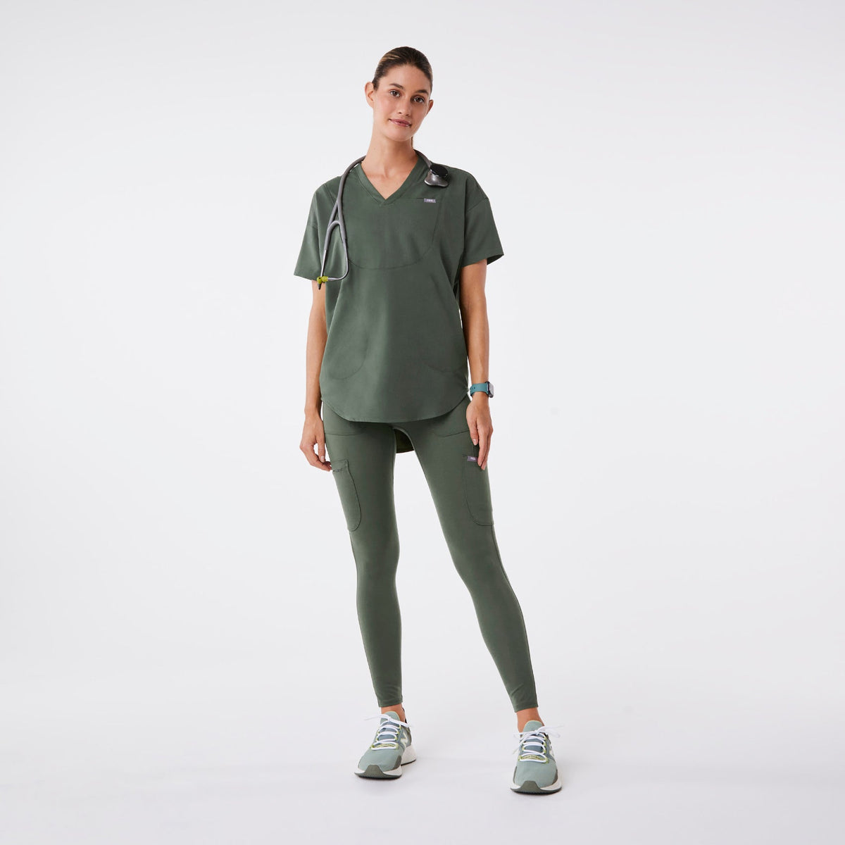 FIGS Halle V-Neck Tunic Scrub Top-Moss