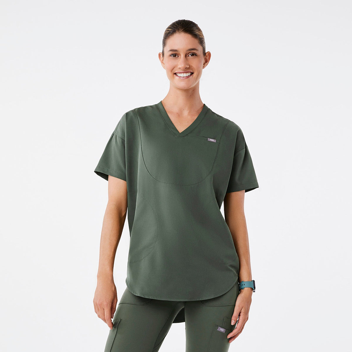 FIGS Halle V-Neck Tunic Scrub Top-Moss