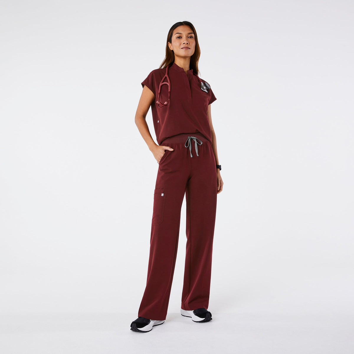 FIGS Isabel High-Rise Wide-Leg Scrub Pant- (petite) Burgundy