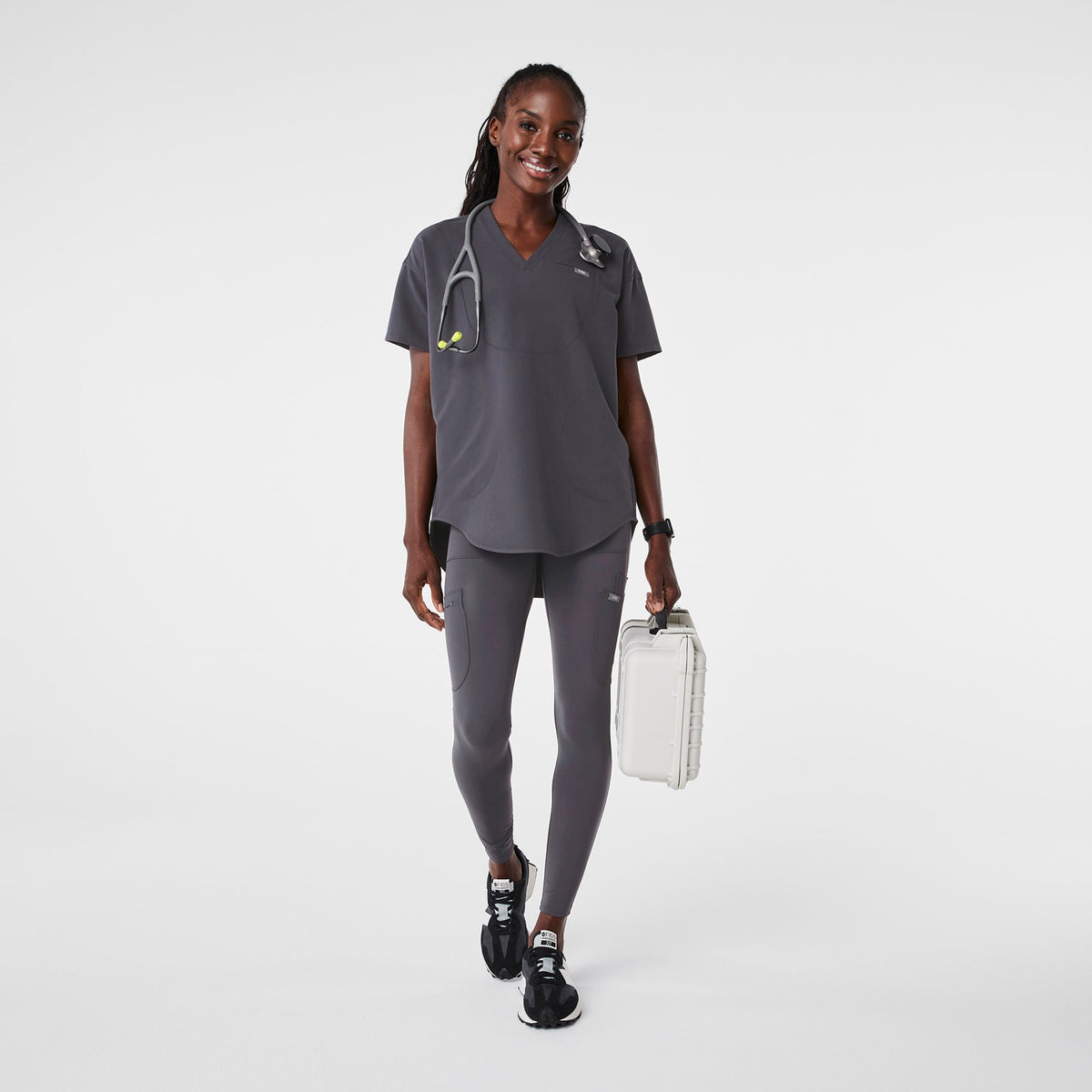 FIGS Halle V-Neck Tunic Scrub Top-Charcoal