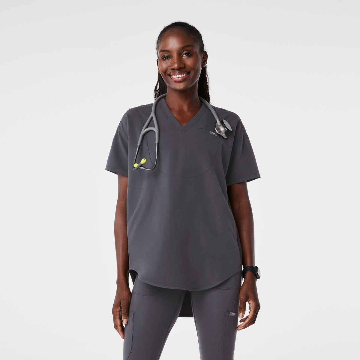 FIGS Halle V-Neck Tunic Scrub Top-Charcoal