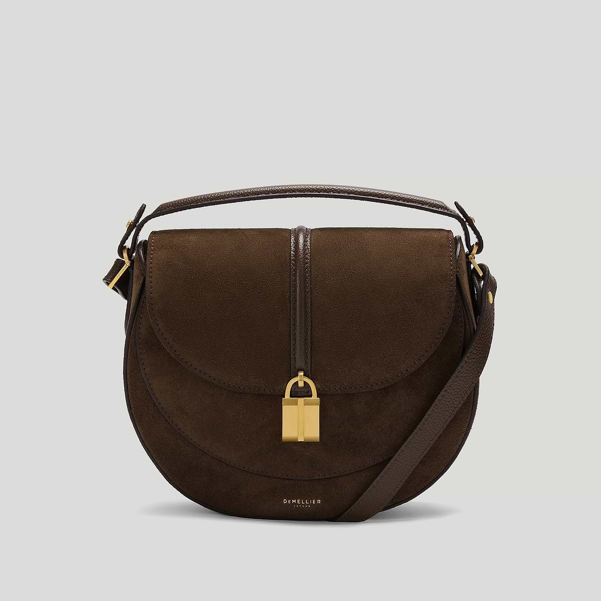 DeMellier The Siena Saddle Mocha Suede & Mocha Small Grain