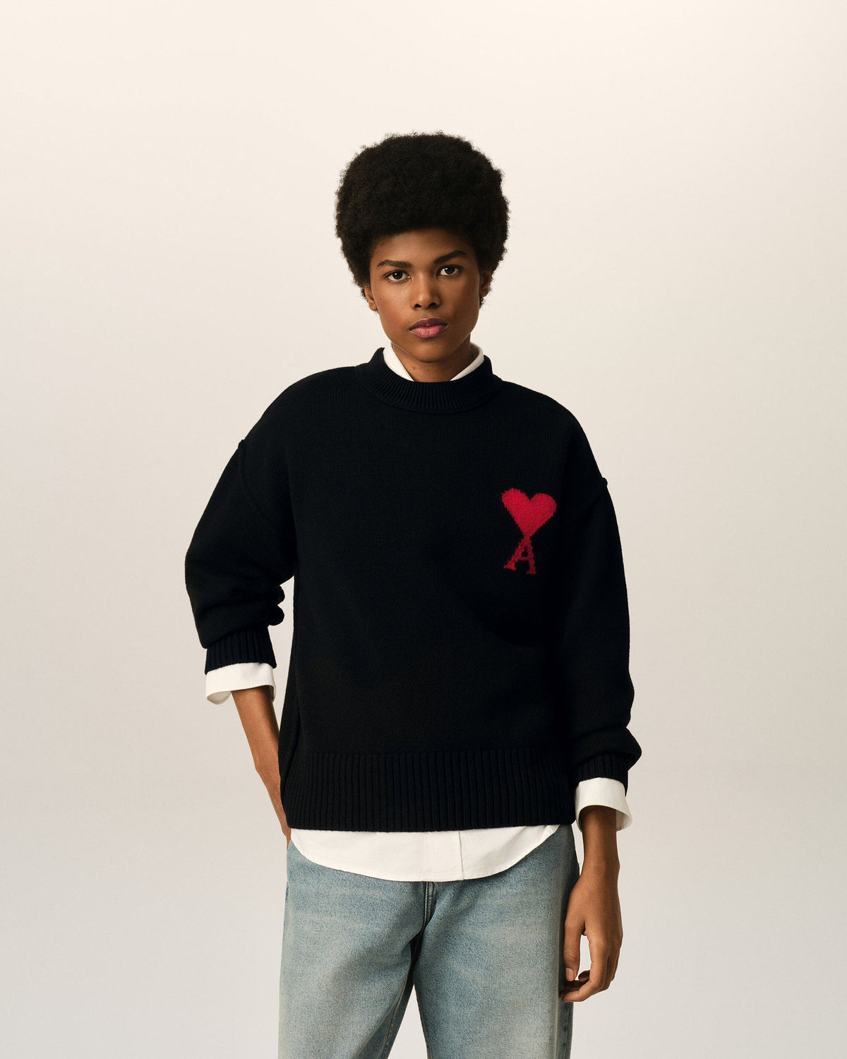 Ami Paris Unisex Black crewneck wool sweater with Ami de Coeur  - BLACK/RED