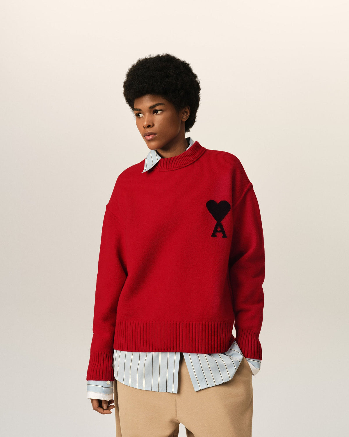 Ami Paris Unisex  Red crewneck wool sweater with Ami de Coeur - RUBY RED/BLACK