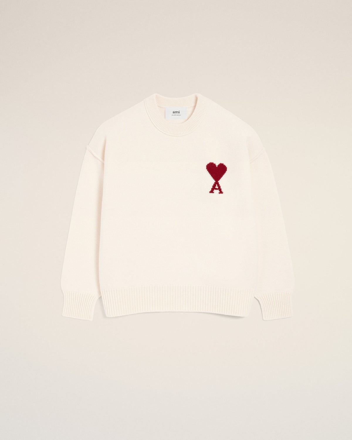 Ami Paris Unisex Natural crewneck wool sweater with Ami de Coeur  - OFF WHITE/ RED