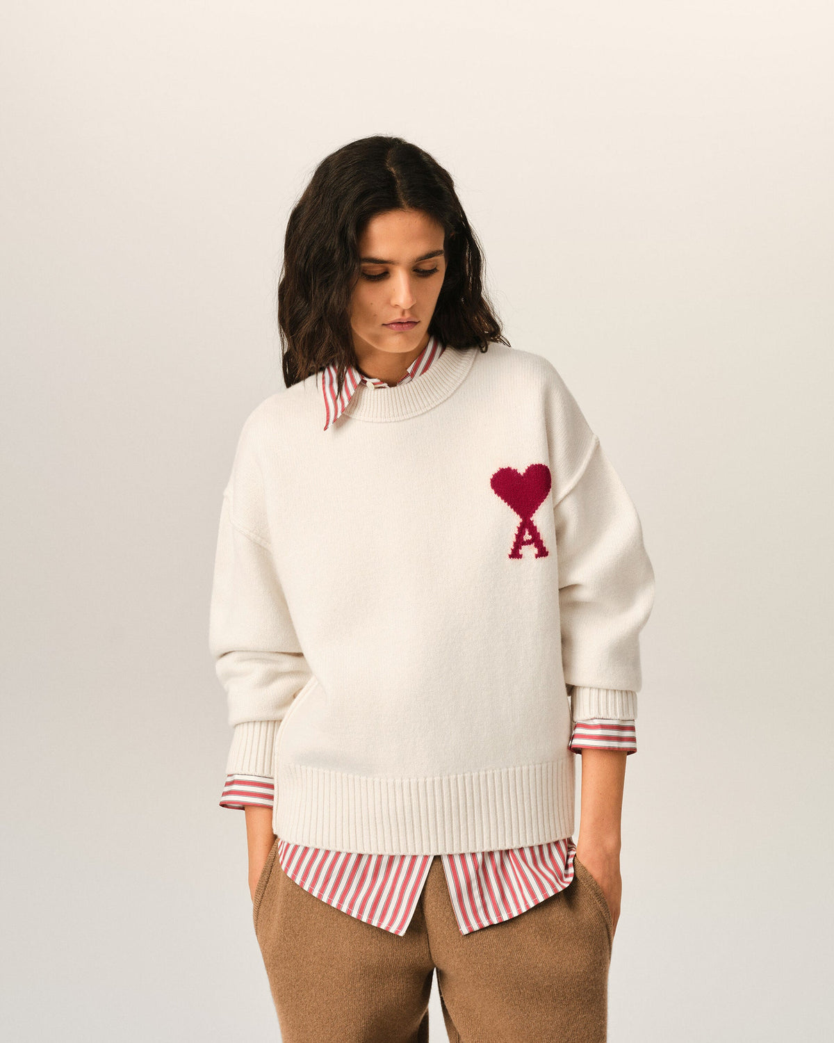 Ami Paris Unisex Natural crewneck wool sweater with Ami de Coeur  - OFF WHITE/ RED