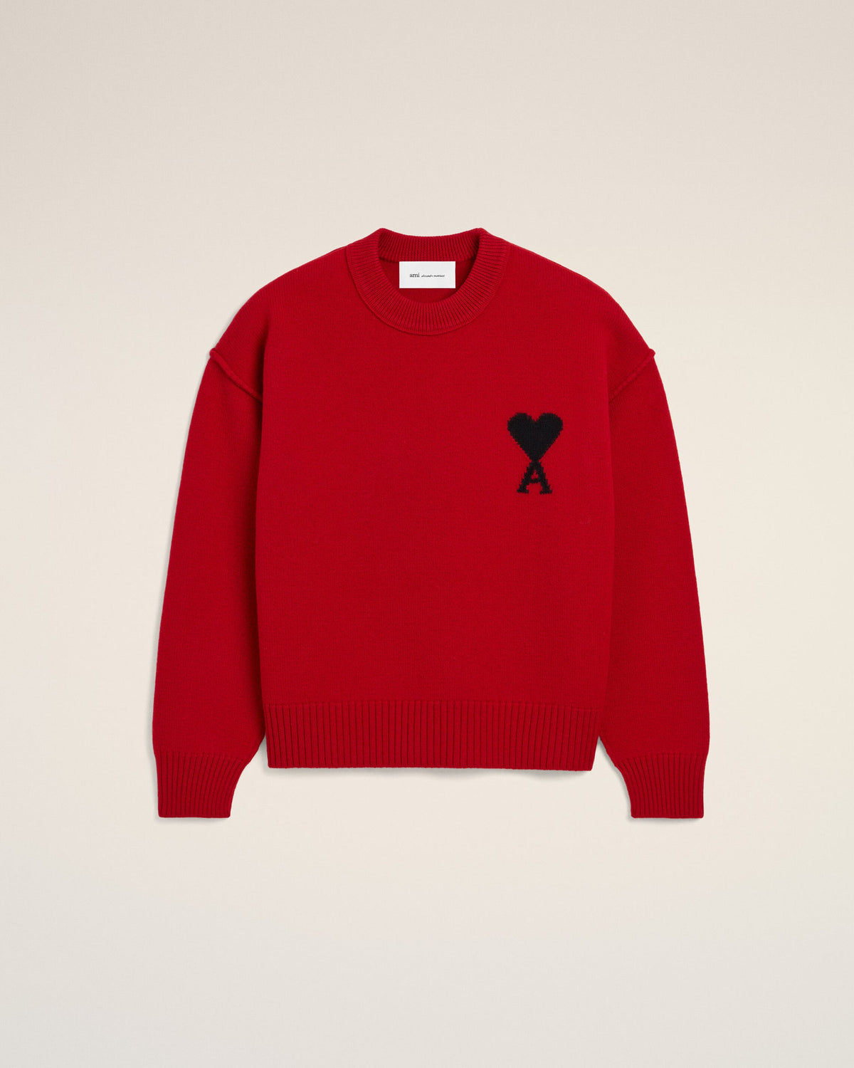 Ami Paris Unisex  Red crewneck wool sweater with Ami de Coeur - RUBY RED/BLACK