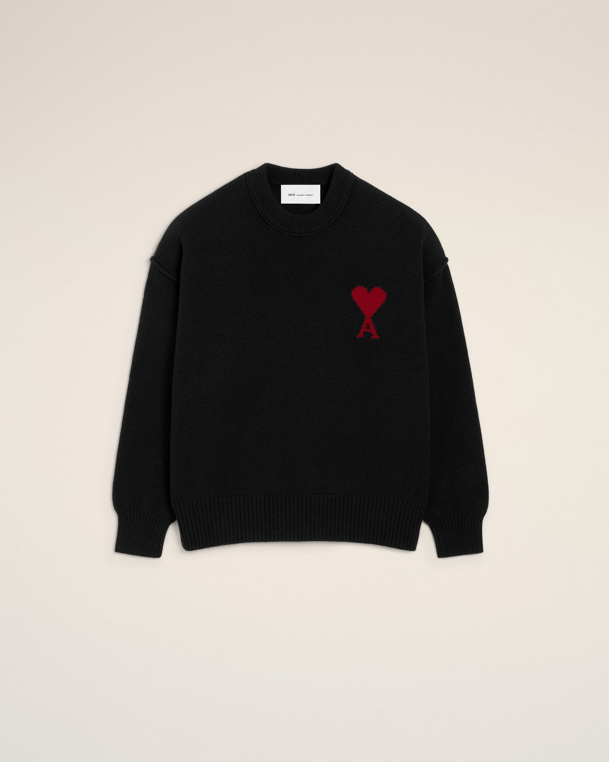 Ami Paris Unisex Black crewneck wool sweater with Ami de Coeur  - BLACK/RED