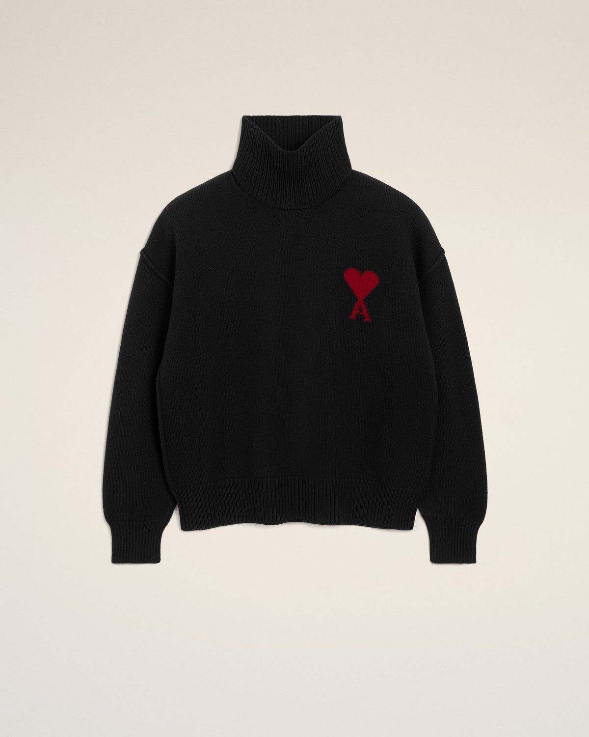 Ami Paris Unisex Black funell neck wool sweater with Ami De Coeur - BLACK/RED