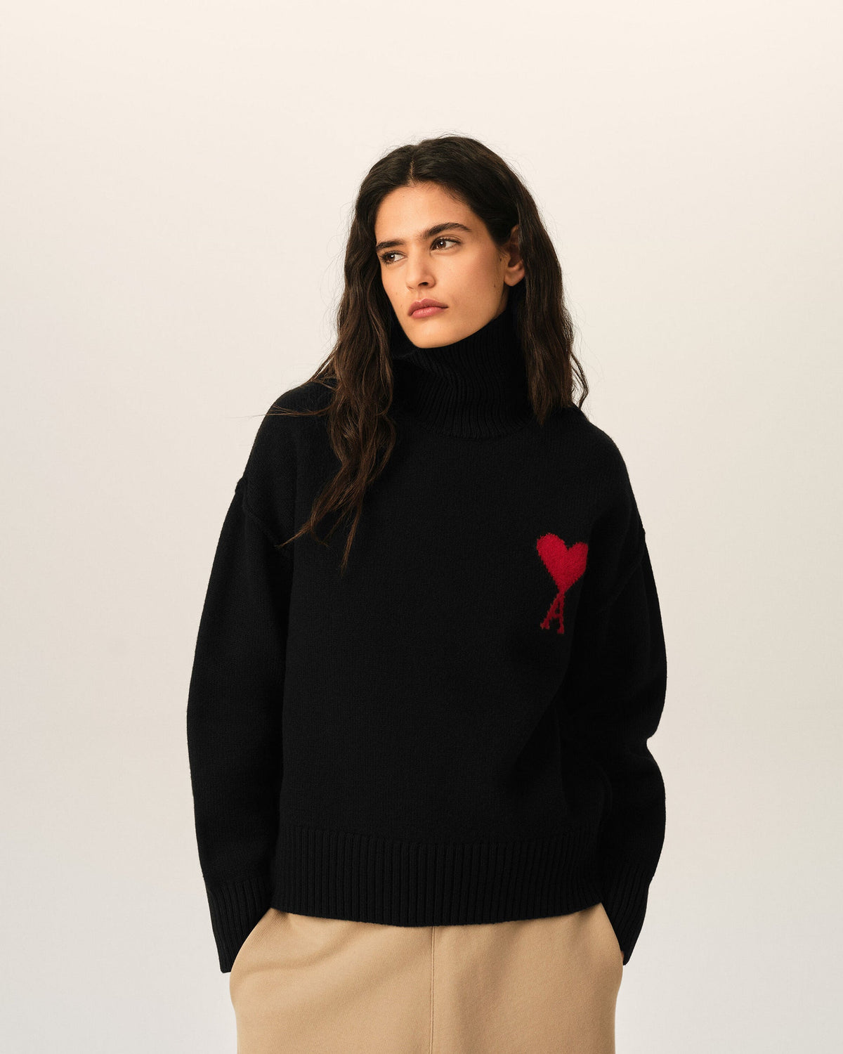 Ami Paris Unisex Black funell neck wool sweater with Ami De Coeur - BLACK/RED
