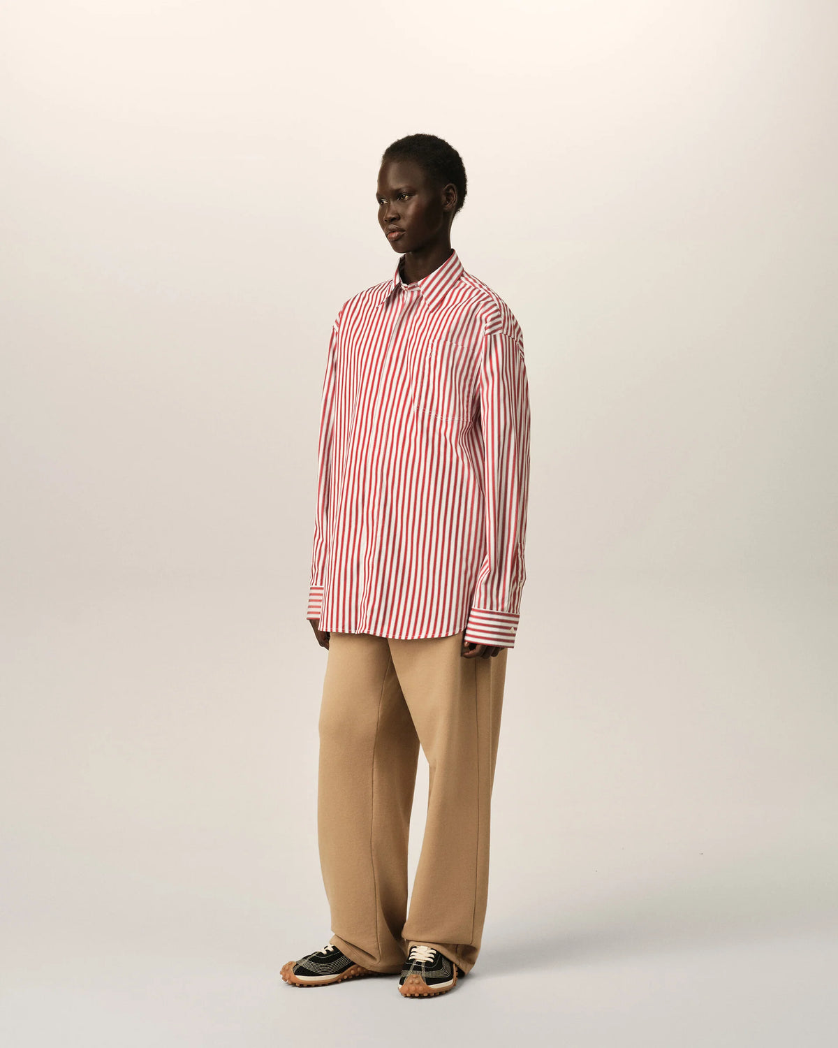 Ami Paris Unisex Red large striped shirt with embossed Ami de Coeur - RUBY RED/WHITE