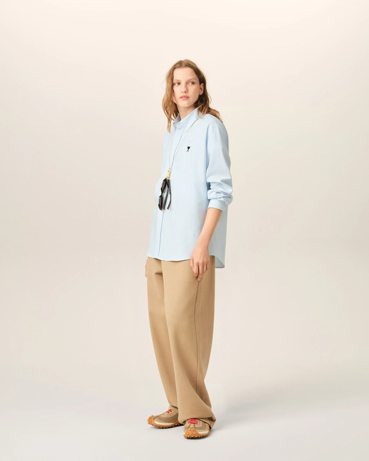 Ami Paris Unisex Blue striped cotton shirt with Ami de Coeur - SKY BLUE/NATURAL WHITE