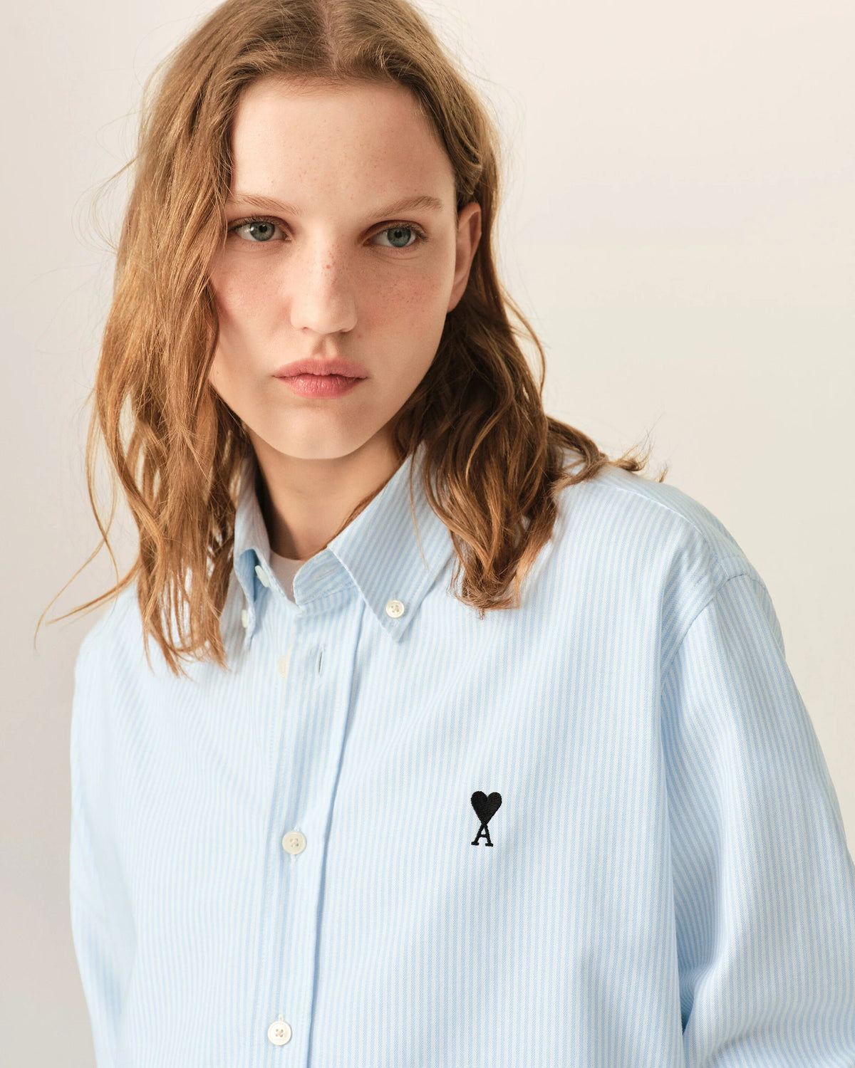 Ami Paris Unisex Blue striped cotton shirt with Ami de Coeur - SKY BLUE/NATURAL WHITE