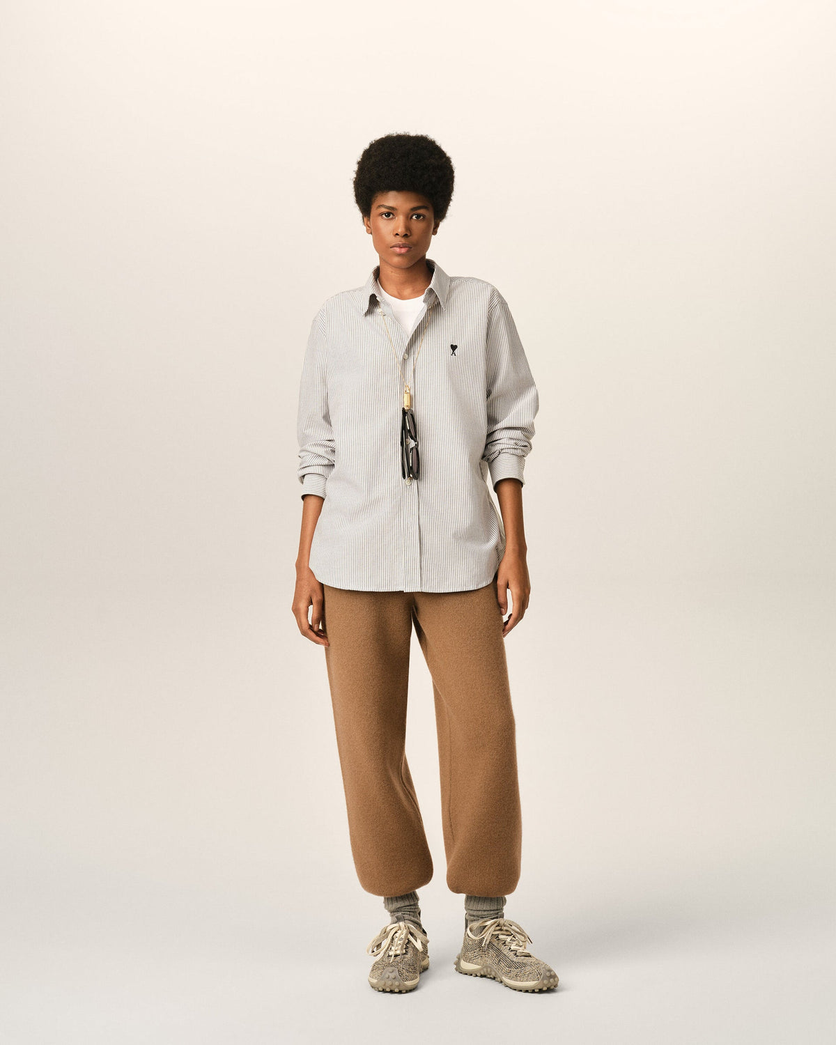 Ami Paris Unisex Black striped cotton shirt with Ami de Coeur - BLACK/NATURAL WHITE