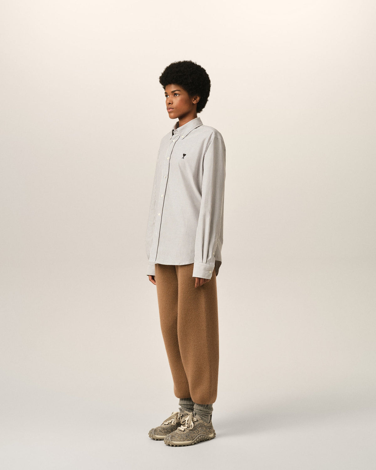 Ami Paris Unisex Black striped cotton shirt with Ami de Coeur - BLACK/NATURAL WHITE