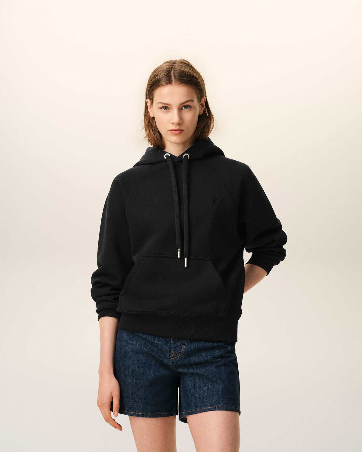 Ami Paris Black Cotton Hoodie with Embossed Ami De Coeur  -  BLACK