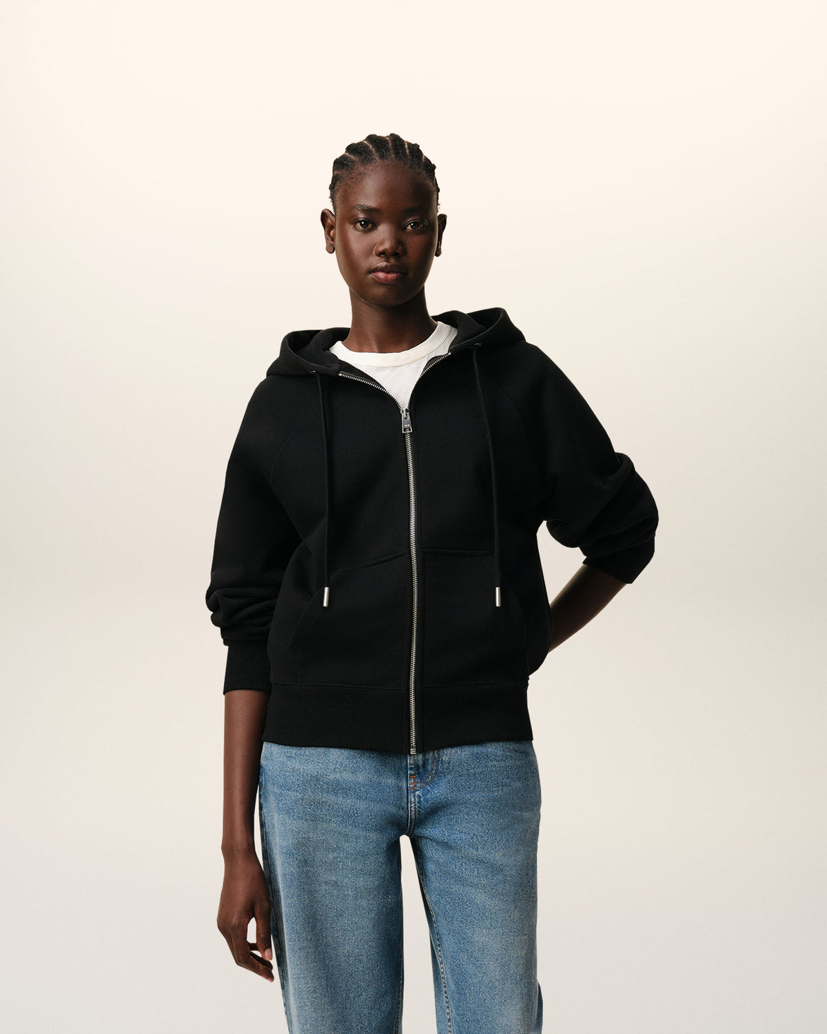 Ami Paris Unisex Black Zipped Cotton Hoodie with Embossed Ami De Coeur  -   BLACK