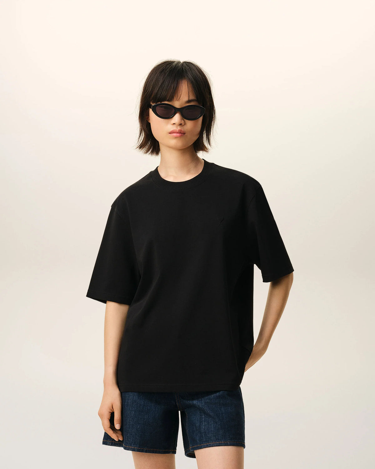 Ami Paris Black cotton t-shirt with embossed Ami de Coeur  -  BLACK