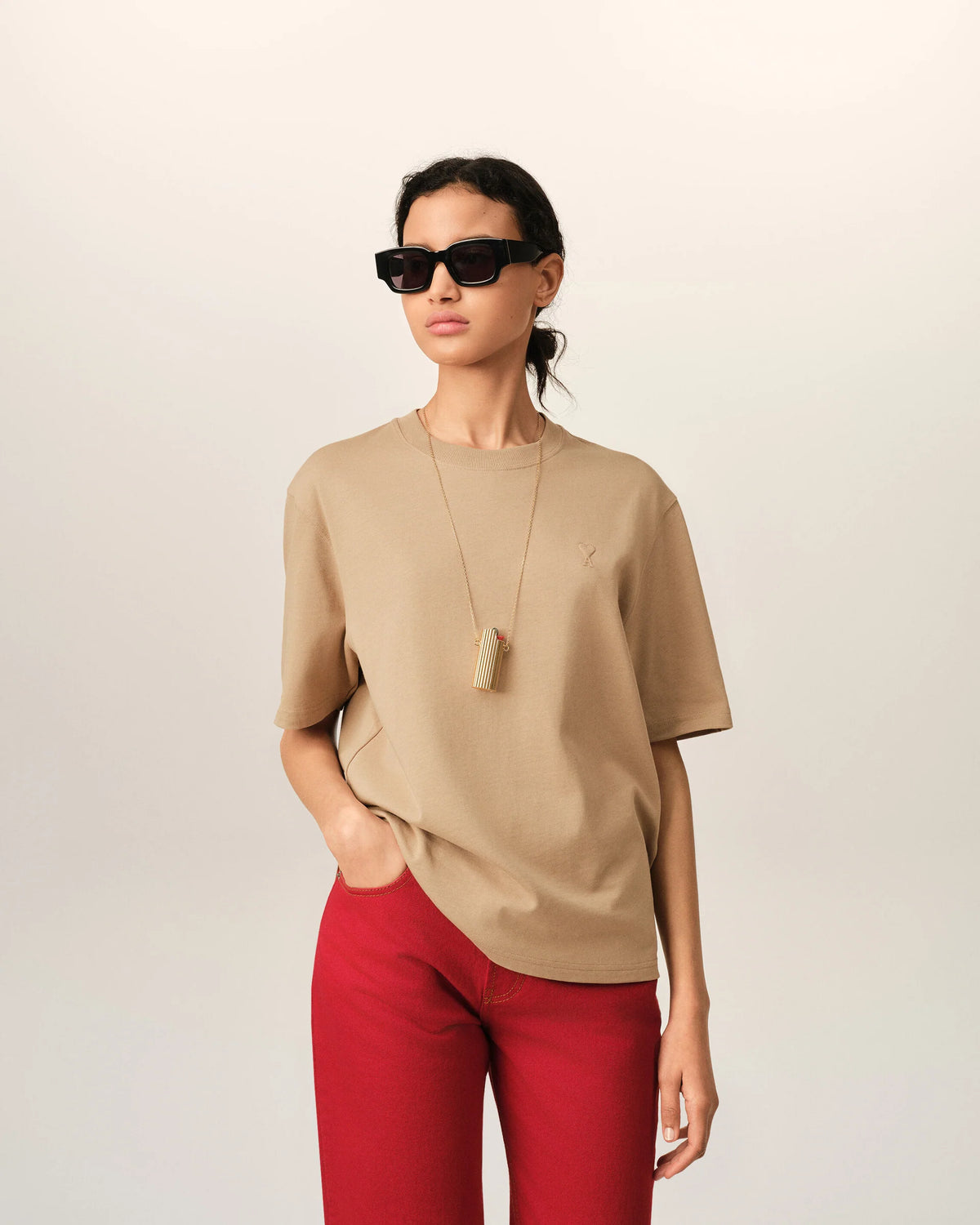 Ami Paris Beige cotton t-shirt with embossed Ami de Coeur  -  MASTIC BEIGE