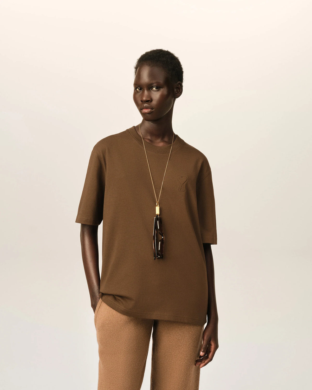 Ami Paris Unisex Brown cotton t-shirt with embossed Ami de Coeur  -  CHOCOLATE BROWN