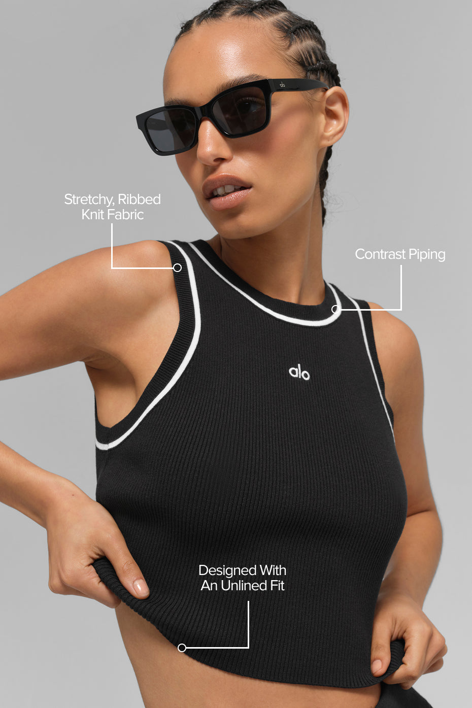 Alo Yoga Ribbed Sweater Knit Highline Cropped Tank-Black/White