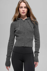 Alo Yoga Wool Cashmere Ribbed Noble Full Zip Hoodie-Platinum Grey