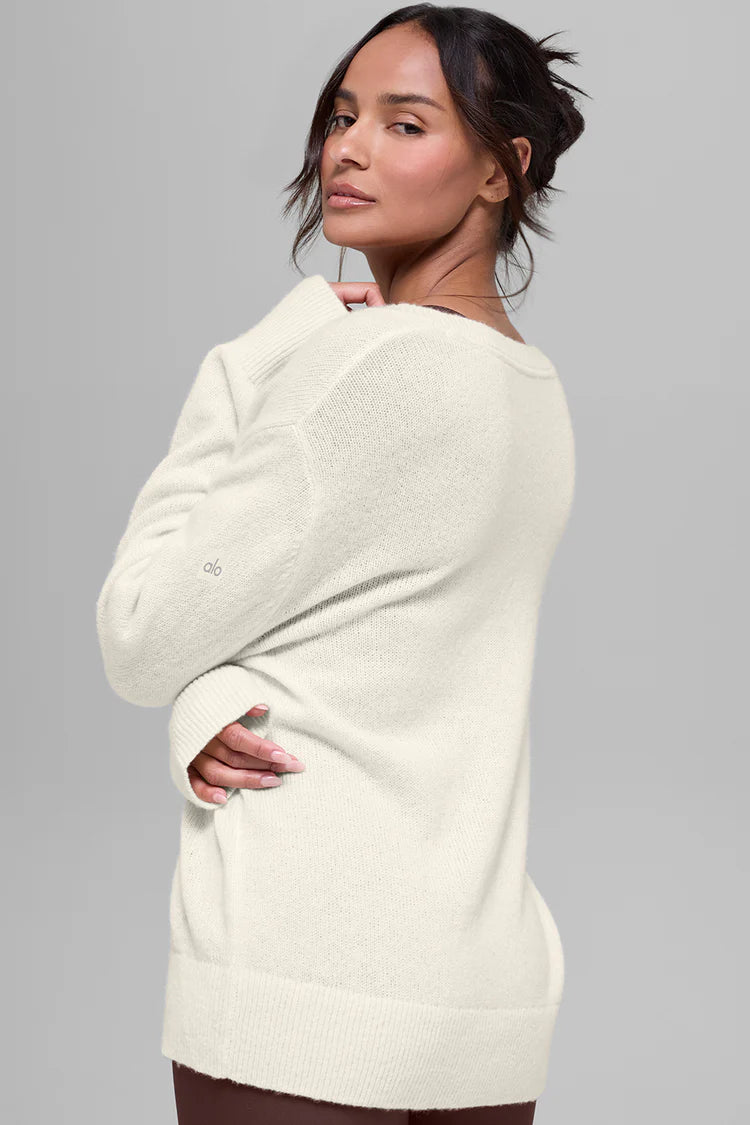 Alo Yoga Wool Cashmere New Class Oversized V-Neck Sweater   -  Ivory