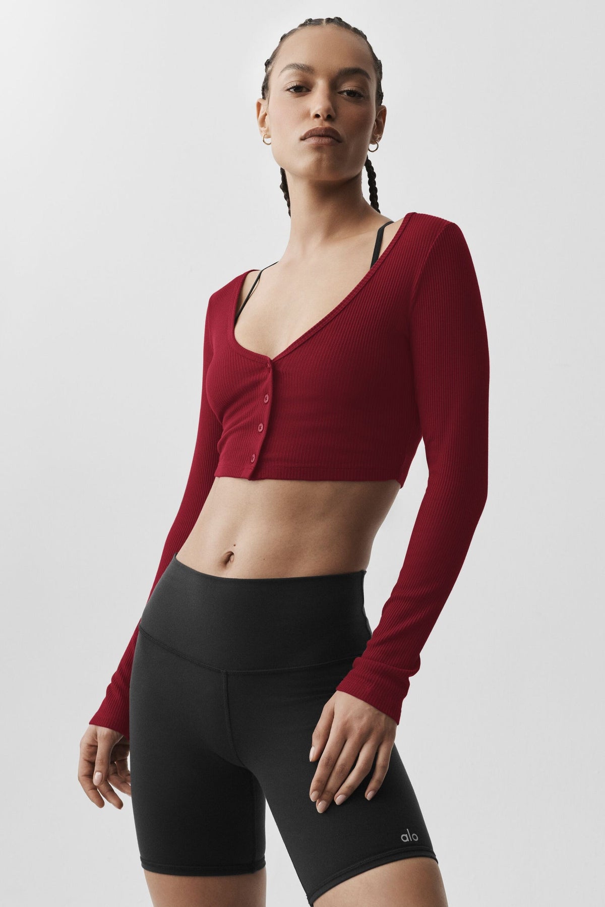Alo Yoga Ribbed Cropped Whisper Cardigan-Summer Romance Red