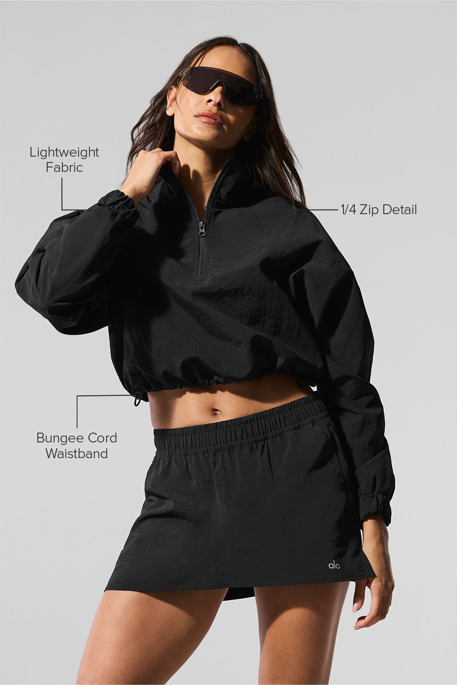 Alo Yoga Cropped 1/4 Zip Alumni Pullover-Black