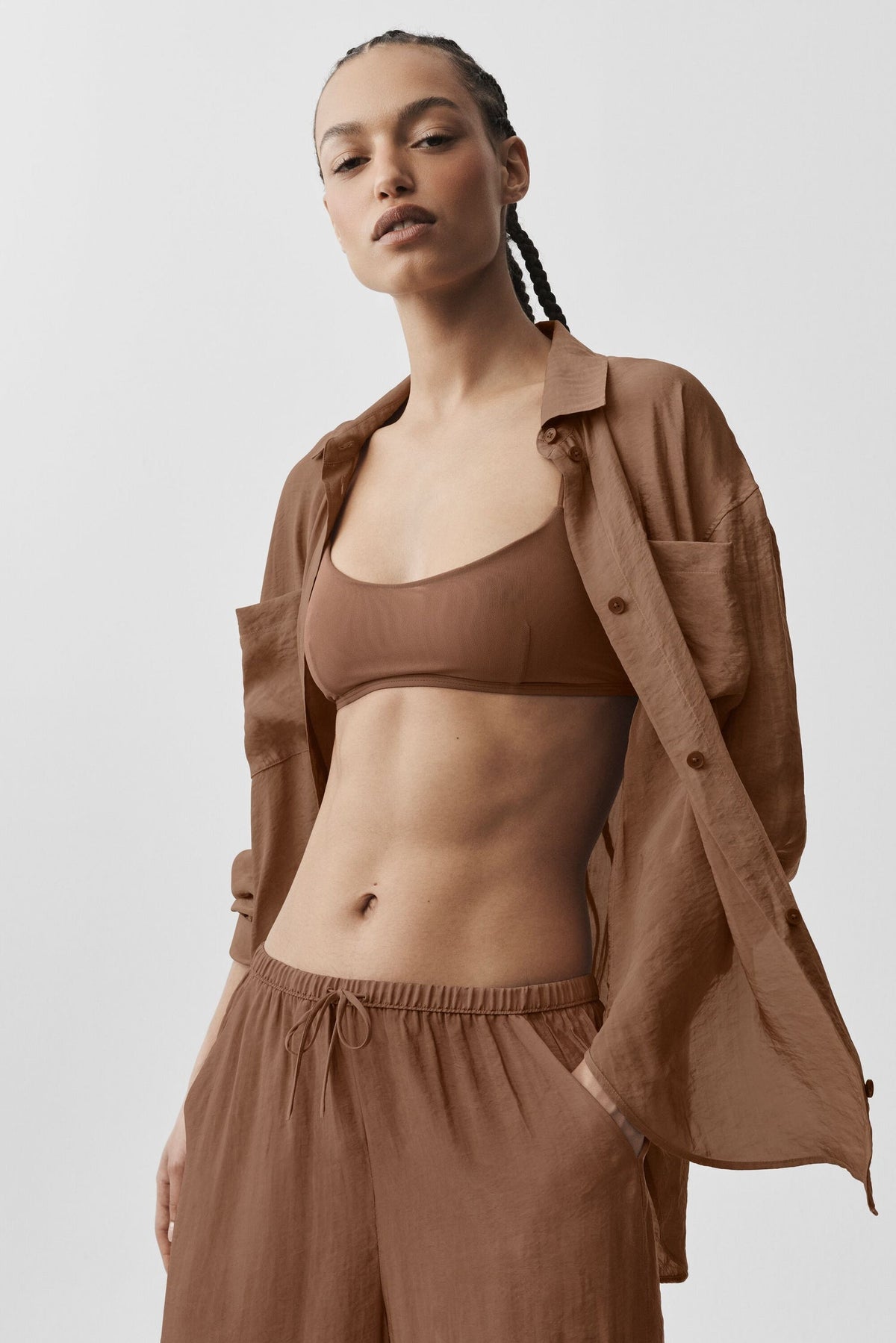 Alo Yoga Semi-Sheer Golden Hour Button Down Long Sleeve-Sun Kissed Brown