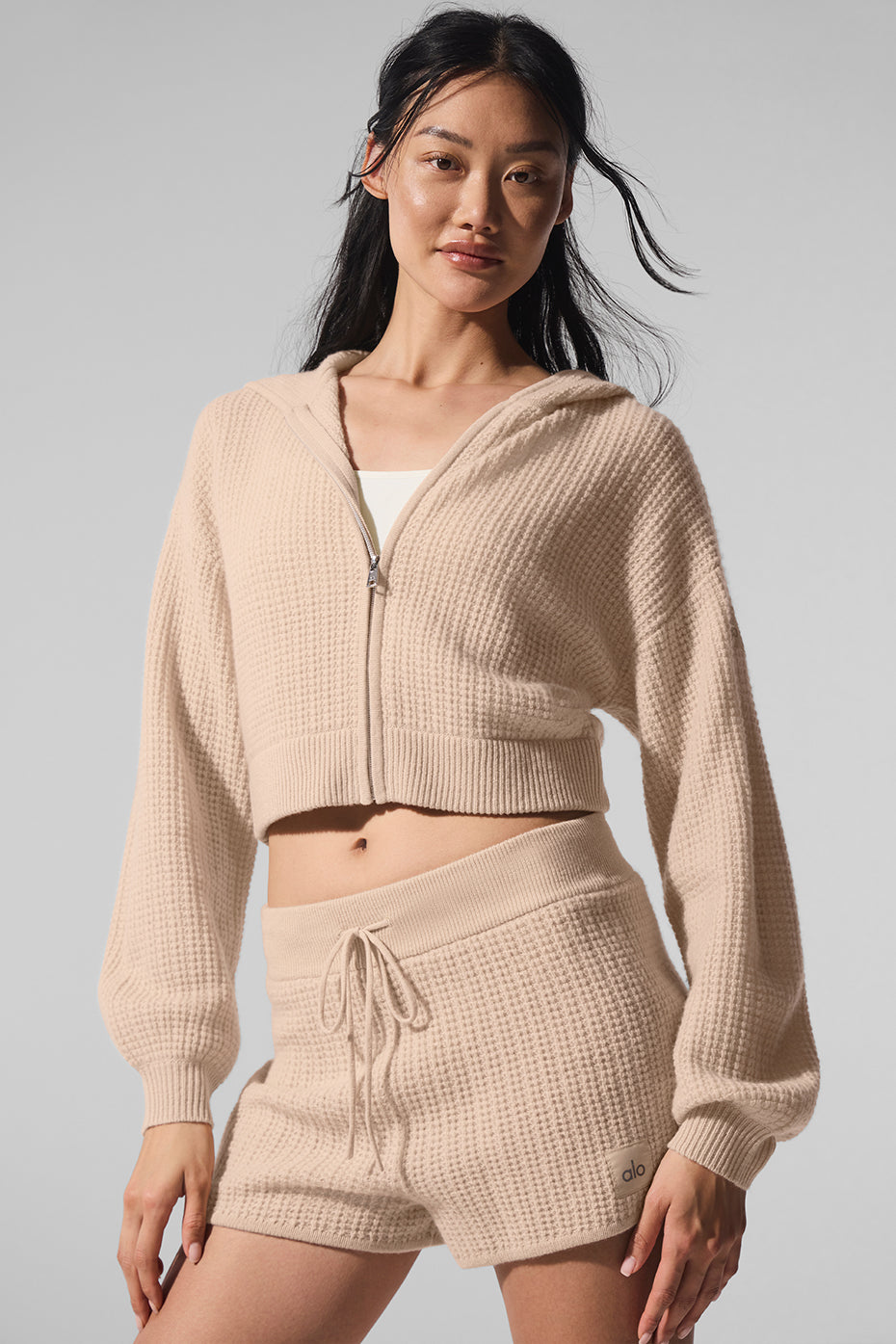 Alo Yoga Women Cashmere Plush Waffle Full Zip Hoodie - Macadamia