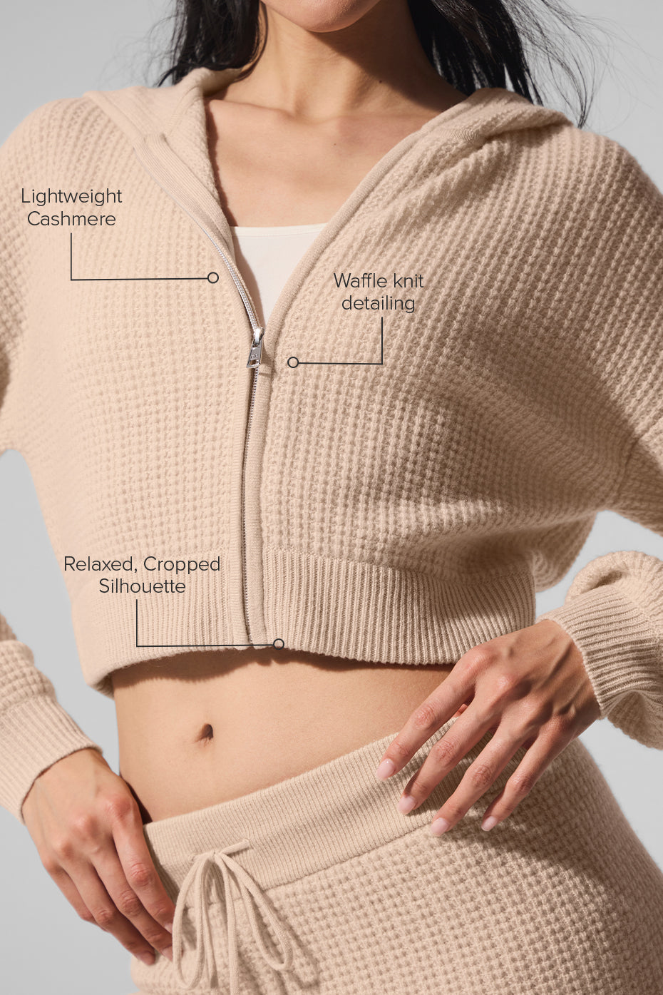 Alo Yoga Women Cashmere Plush Waffle Full Zip Hoodie - Macadamia