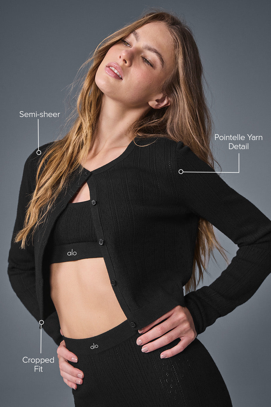 Alo Yoga Pointelle Sweater Be Mine Cardigan -Black