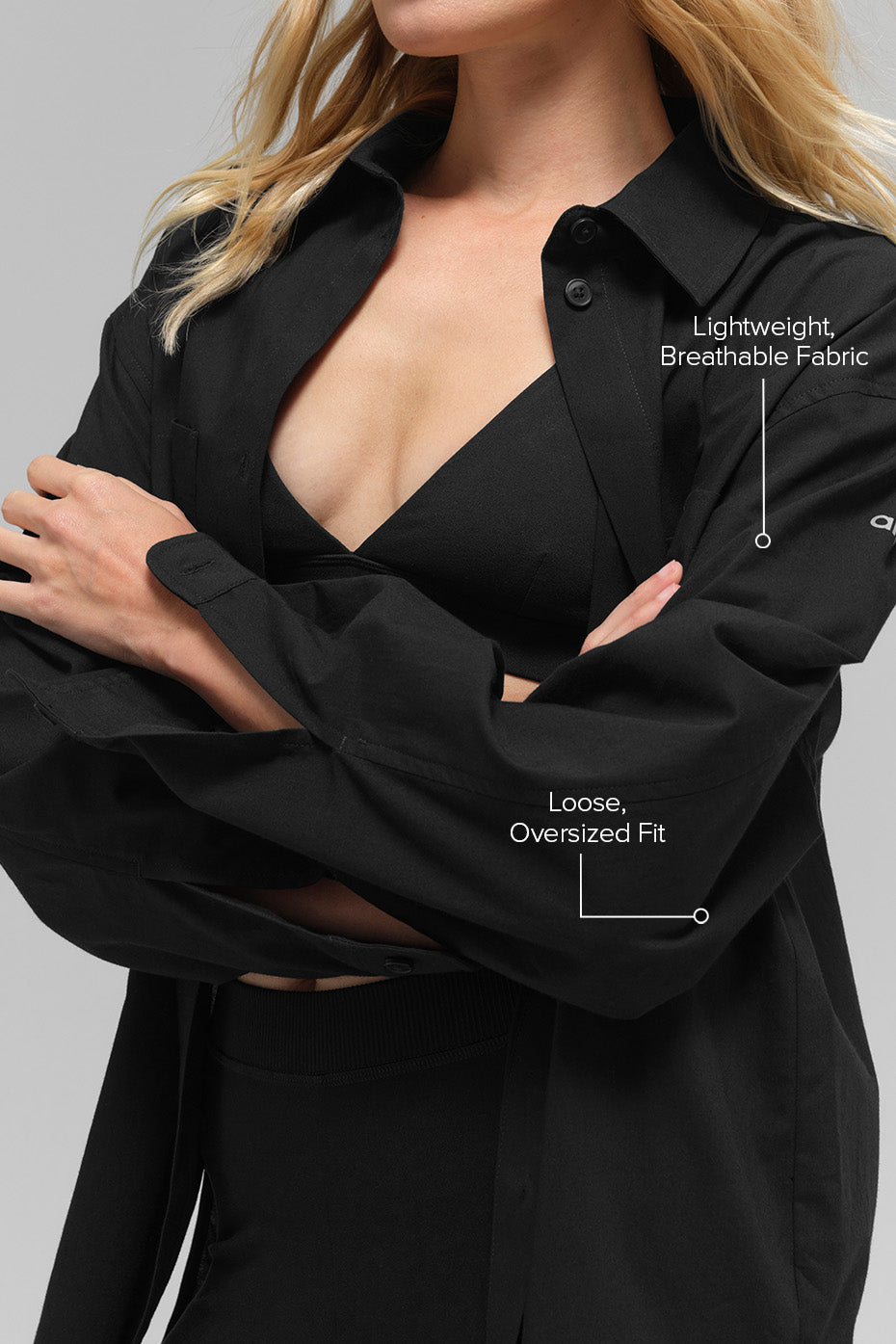 Alo Yoga Cotton Real Deal Button Up Long Sleeve-Black