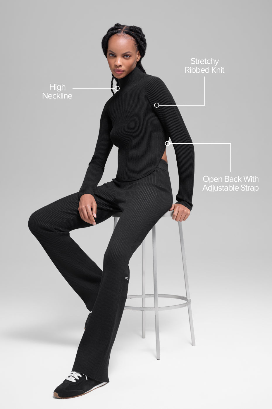 Alo Yoga Denim Knit Backless Long Sleeve-Black/Anthracite