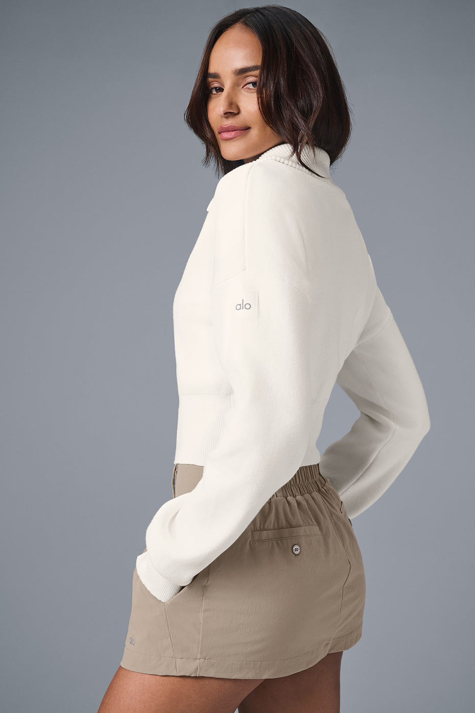 Alo Yoga Scholar Knit Cropped Full Zip Jacket -Ivory