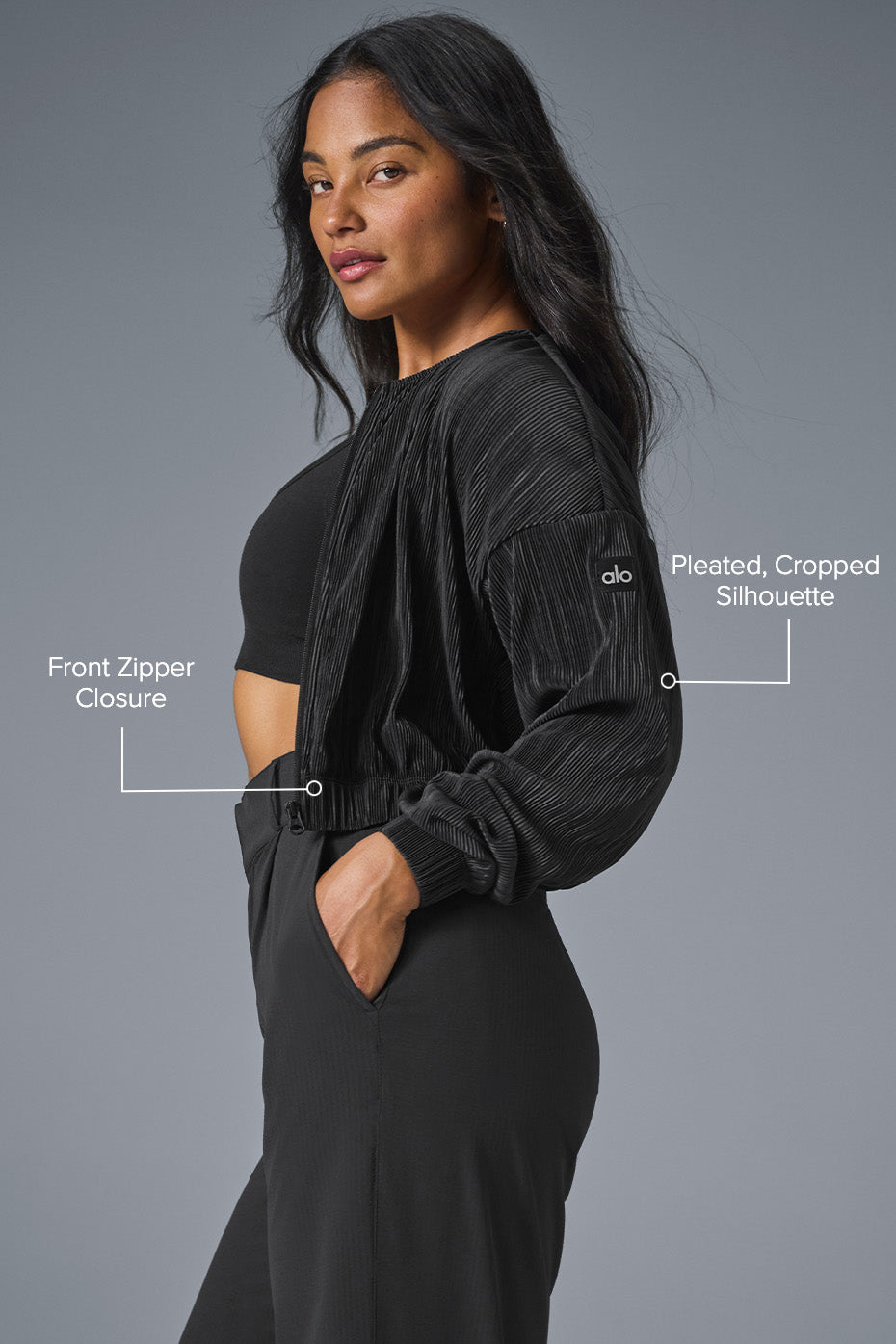 Alo Yoga Cropped Micro Plisse Jacket - Black
