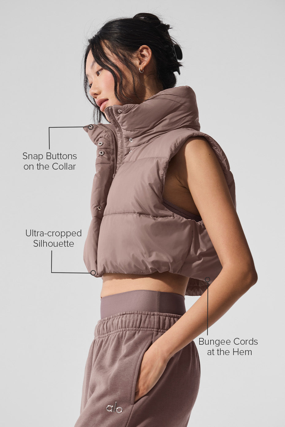 Alo Yoga Women Cropped Gold Rush Puffer Vest - Mushroom