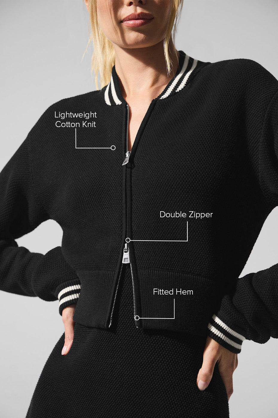 Alo Yoga Tennis Club Sweater Knit Full Zip Jacket-Black/Ivory