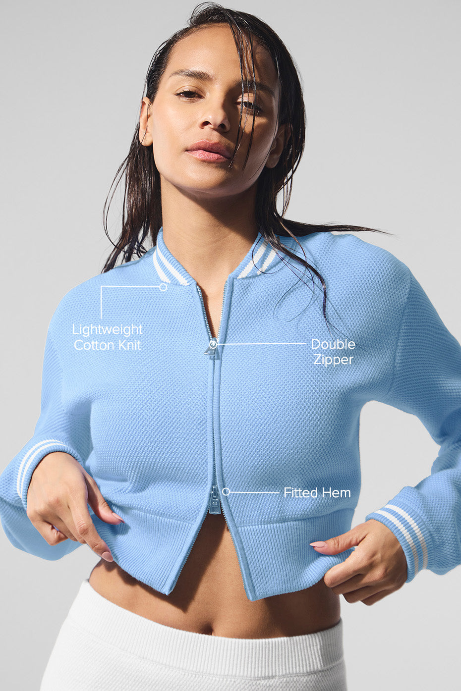 Alo Yoga Tennis Club Sweater Knit Full Zip Jacket- Seashell Blue