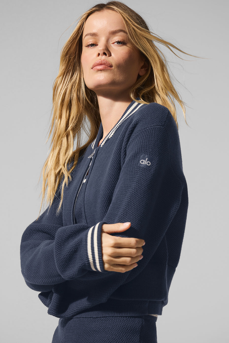 Alo Yoga Tennis Club Sweater Knit Full Zip Jacket- Navy/Ivory