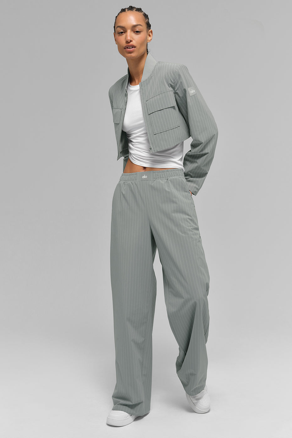 Alo Yoga Cropped Pinstripe Main Character Full Zip Jacket - Lunar