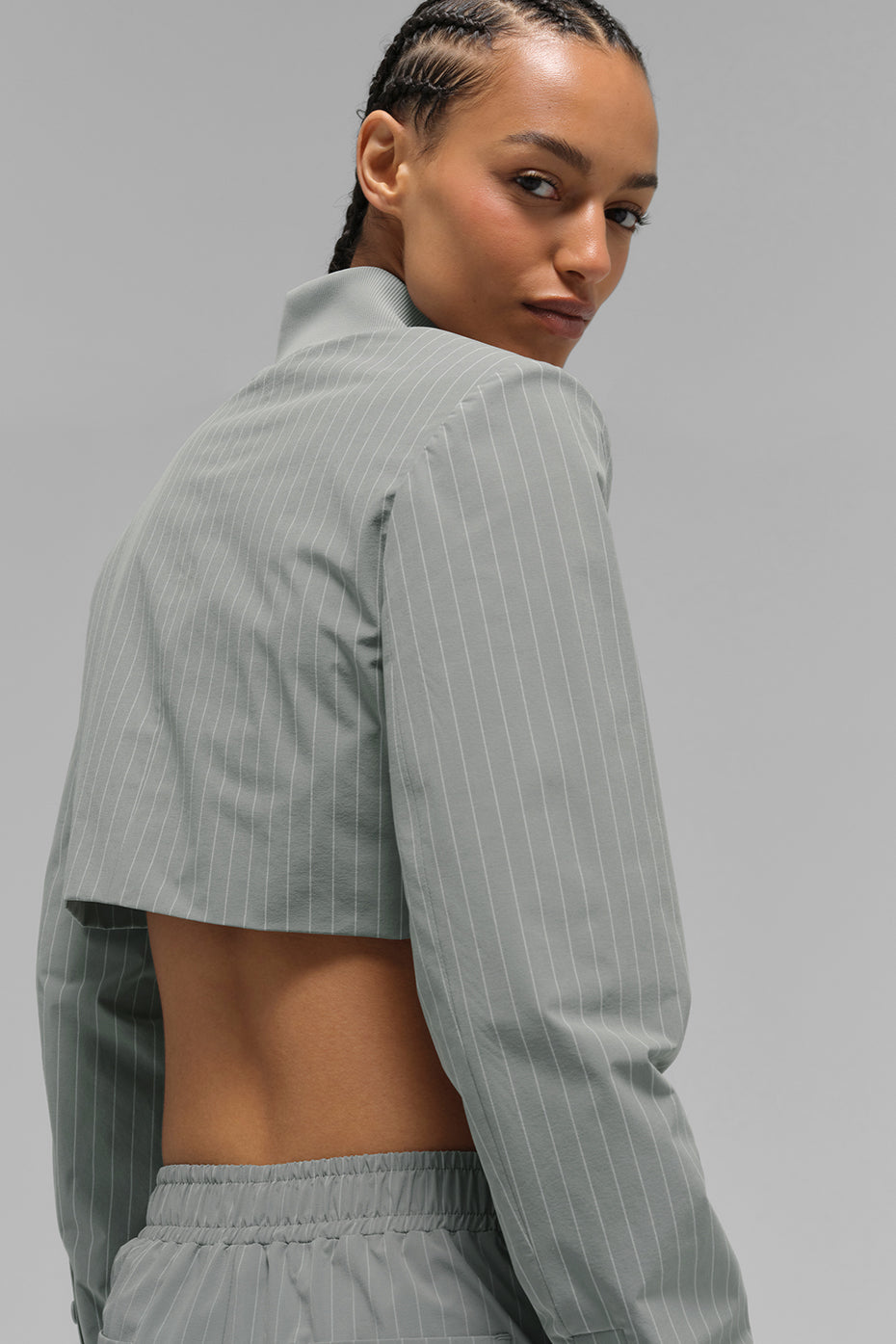 Alo Yoga Cropped Pinstripe Main Character Full Zip Jacket - Lunar