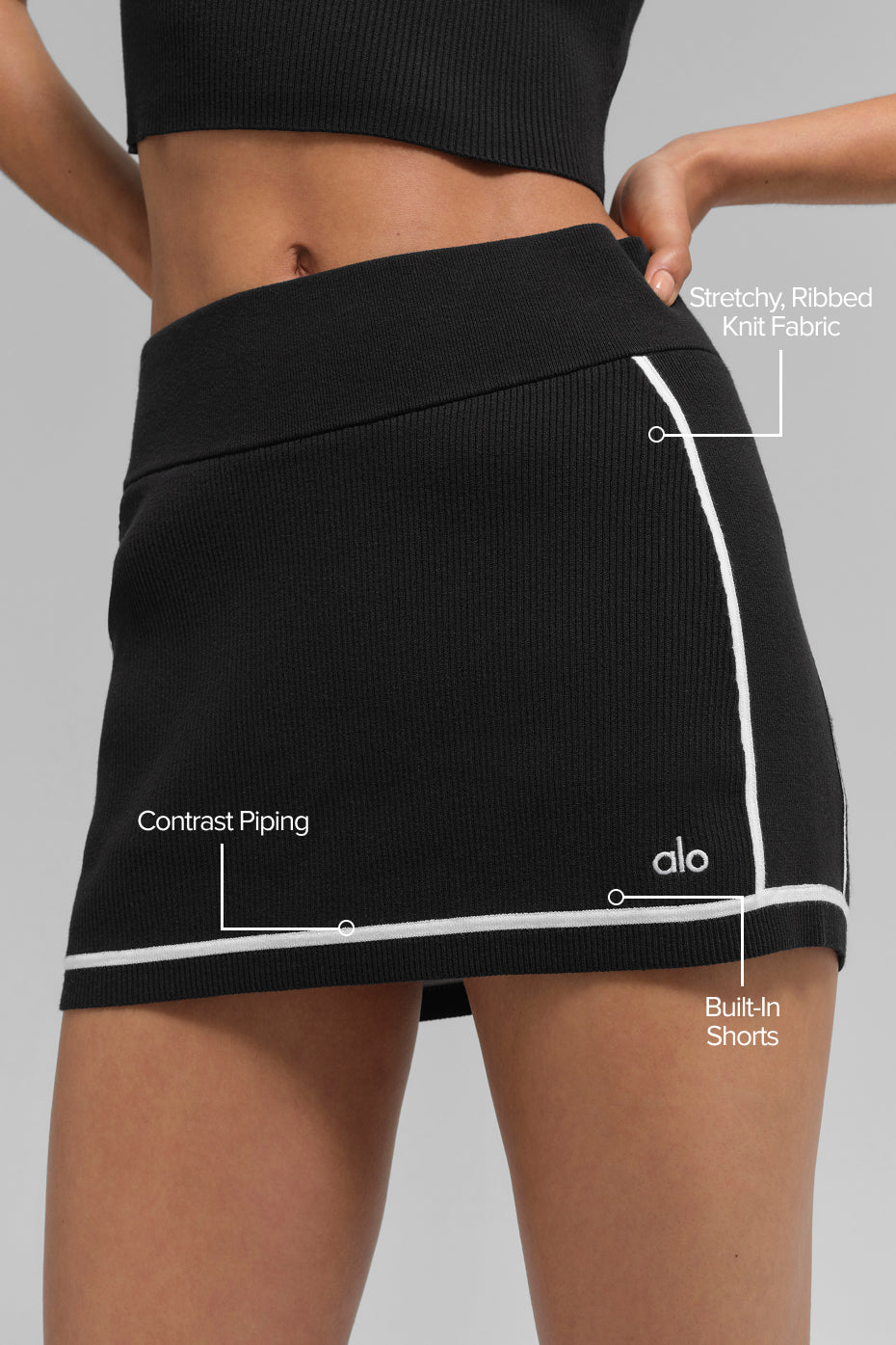 Alo Yoga Ribbed Sweater Knit Highline Mini Skirt-Black/White