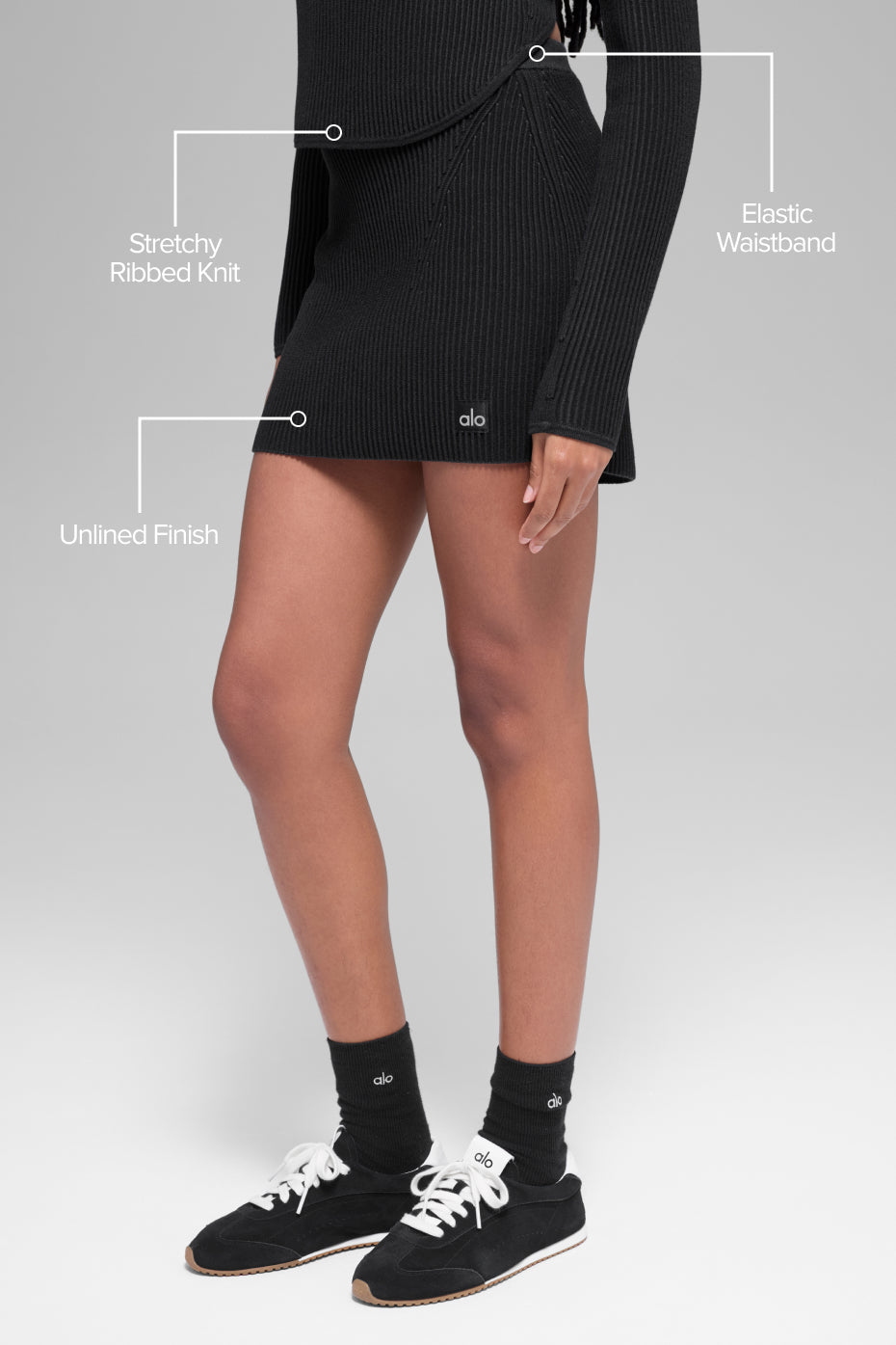 Alo Yoga Denim Knit High-Waist Skirt- Black/Anthracite