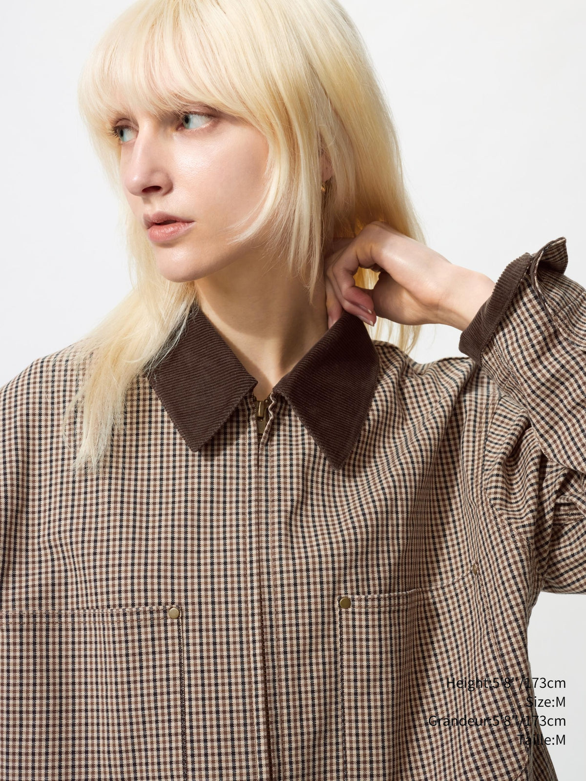 Uniqlo Unisex Zip Up Short Jacket | Check  -   34 BROWN