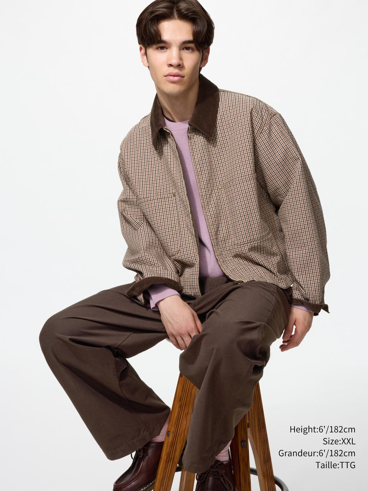 Uniqlo Unisex Zip Up Short Jacket | Check  -   34 BROWN