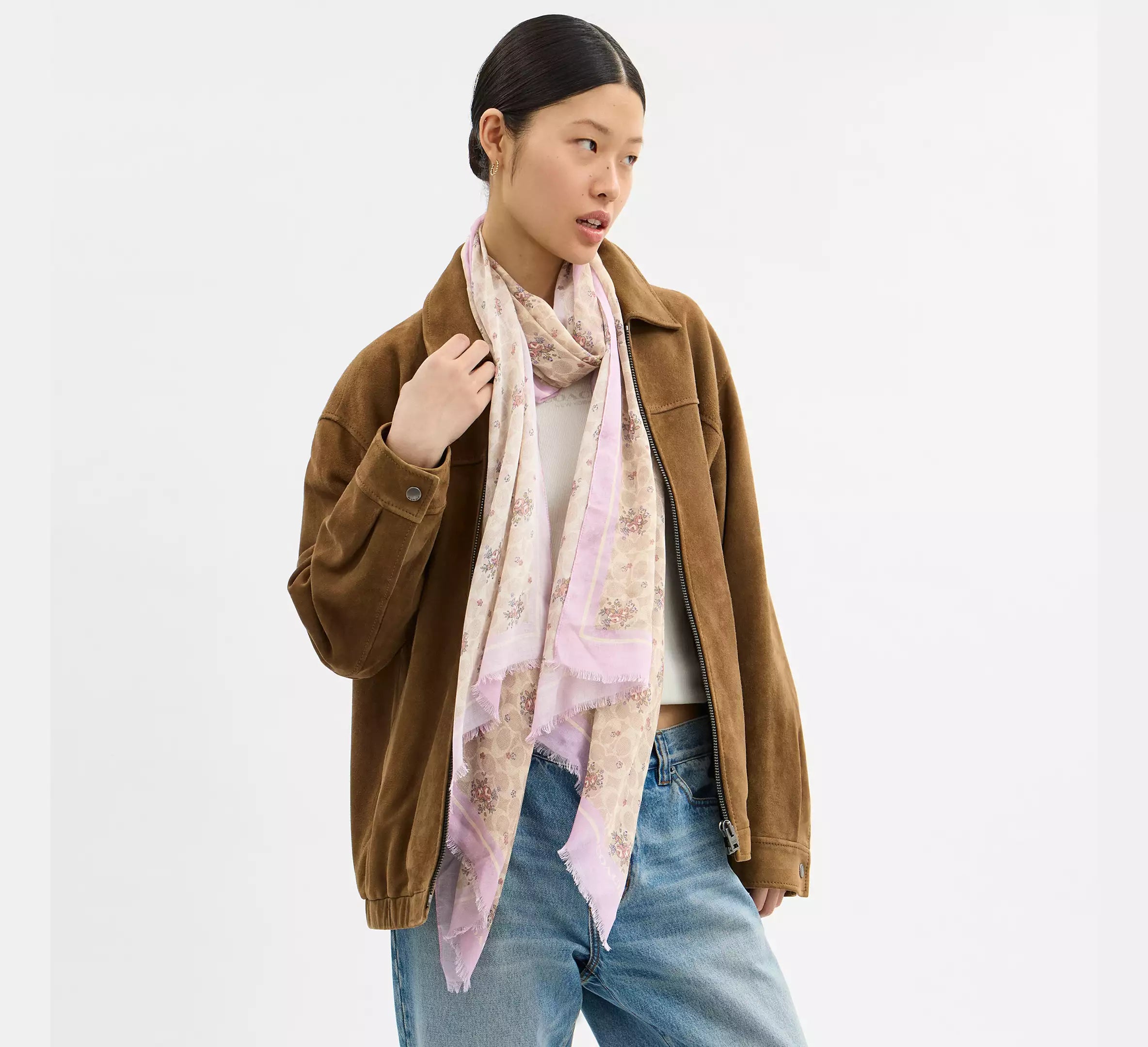 Coach Signature Spring Blossom Print Oblong Scarf -  Sand/Lilac