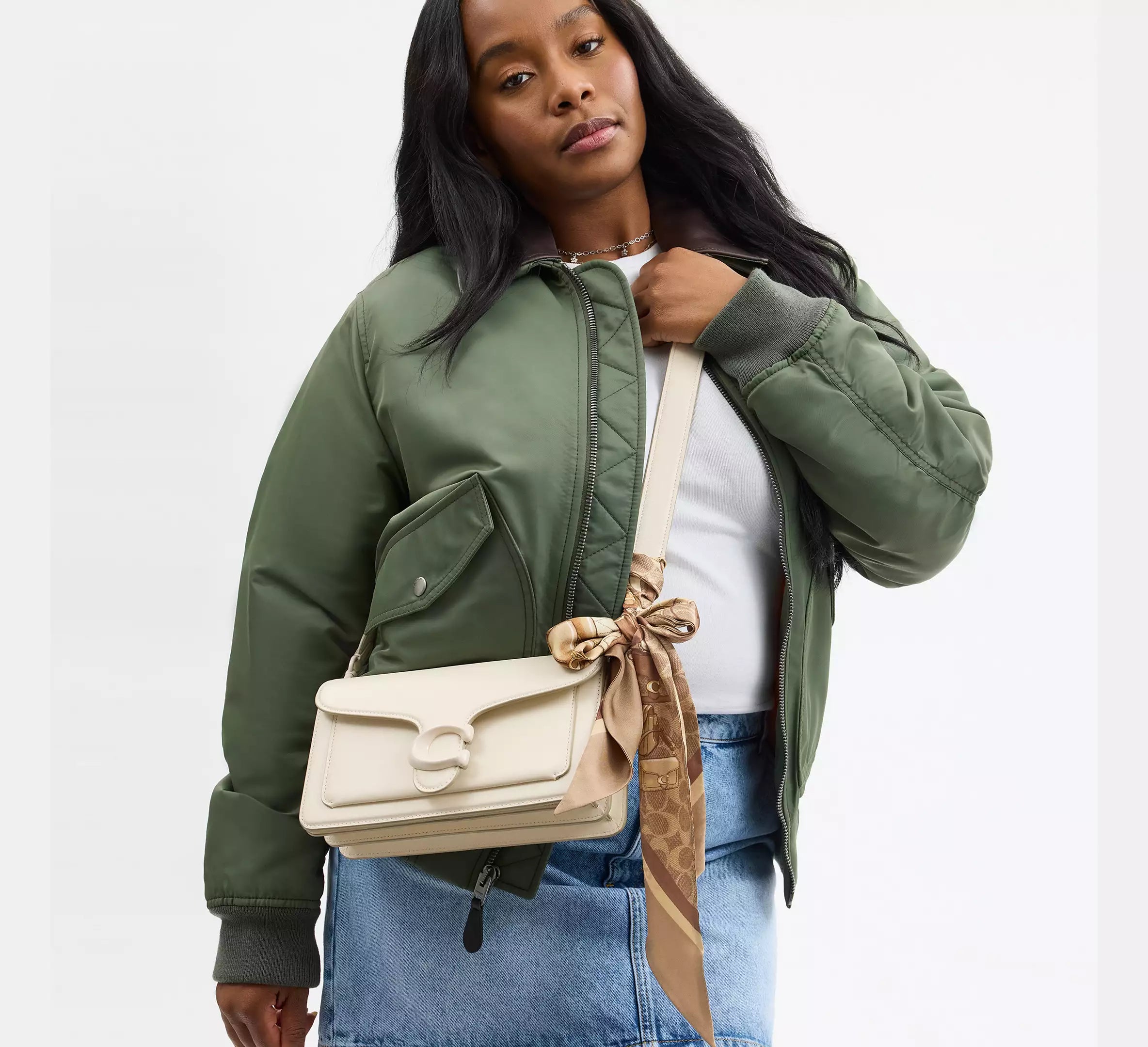 Coach Stacked Tabby Bags Print Silk Skinny Scarf SEZON -  Tan